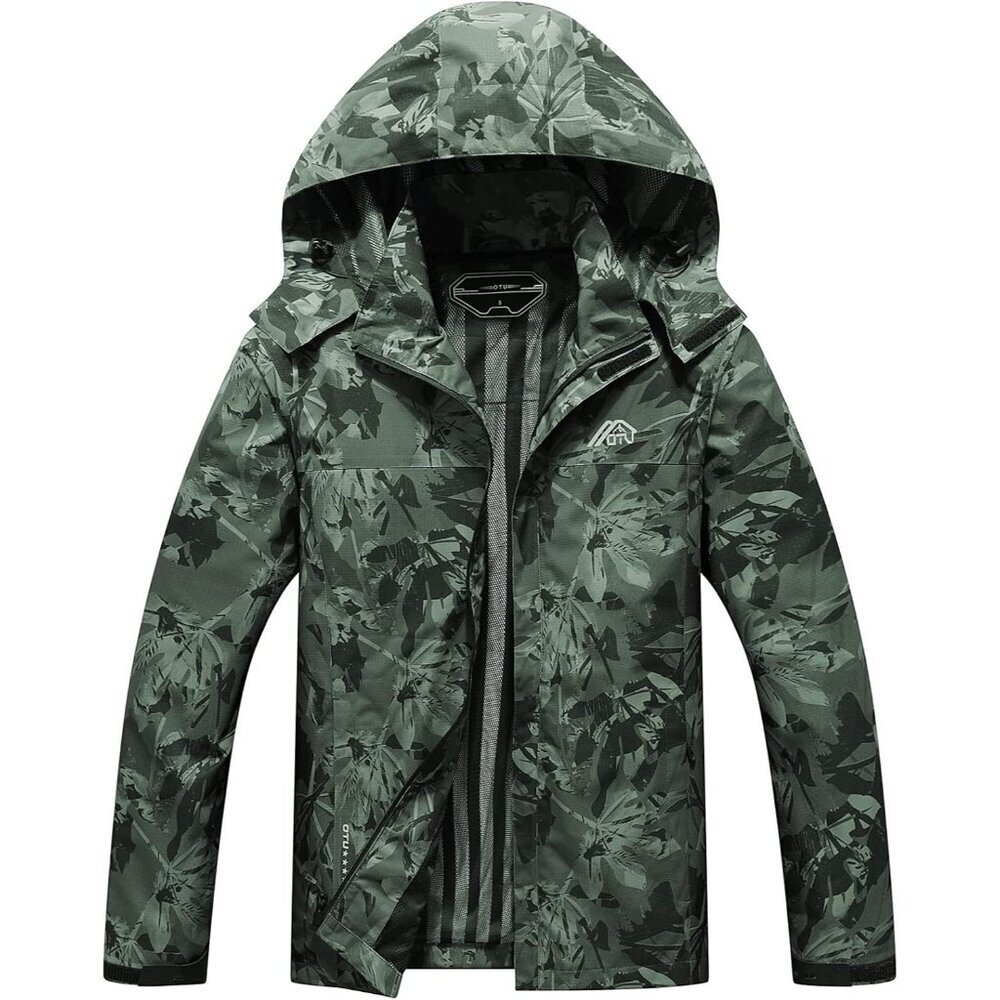 Mens Army Green Lightweight Waterproof Hooded Rain Jacket Outdoor Hiking Shell